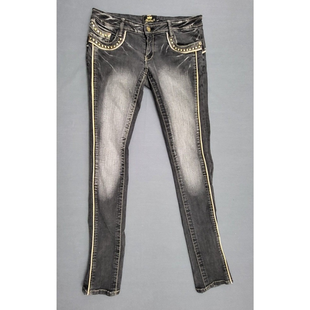 Akademiks Womens Faded Black Studded Skinny Jeans Y2K Embroidered Size 27